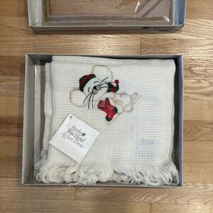 Vintage Faribo Wool Blend Afghan Throw Blanket Christmas Mouse Fringe NIB Cream
